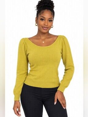 Scoop Neck Puff Sleeve Sweater - Olive
